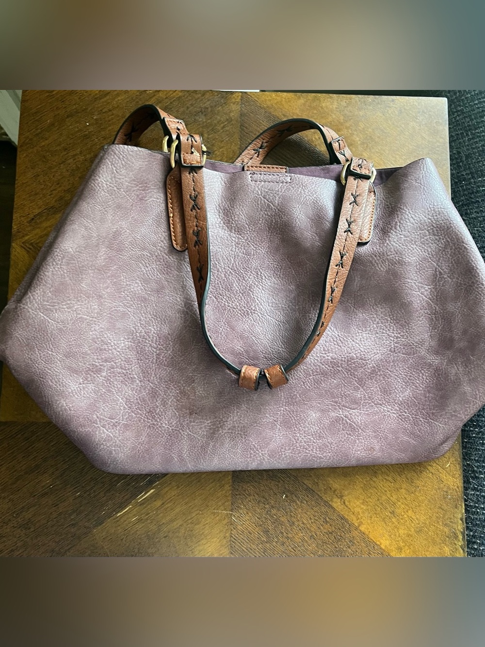 Dusty Mauve Shoulder Tote with Brown Accent Straps - Picture 7 of 7